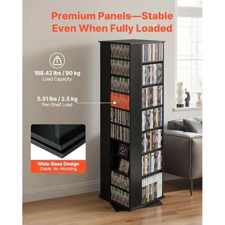 VEVOR DVD-Drehregal mit 34 Fächern, Einstellbares Medienregal Standregal 475 x 475 x 1636 mm, Platzsparendes Aufbewahrungsregal für CDs DVDs Bücher Spiele-Discs, Wohnzimmer Homeoffice, Schwarz – Bild 3