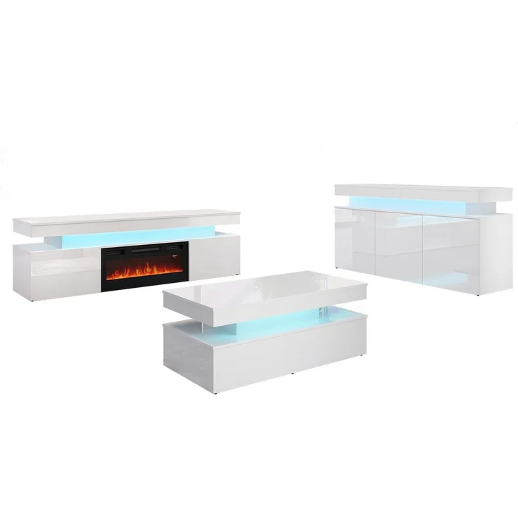 MIRJAN24 Wohnzimmer-Set Glossa II, (3er-Set, Kommode, TV-Lowboard mit Kamin, Couchtisch), mit blauer LED-Beleuchtung – Bild 3