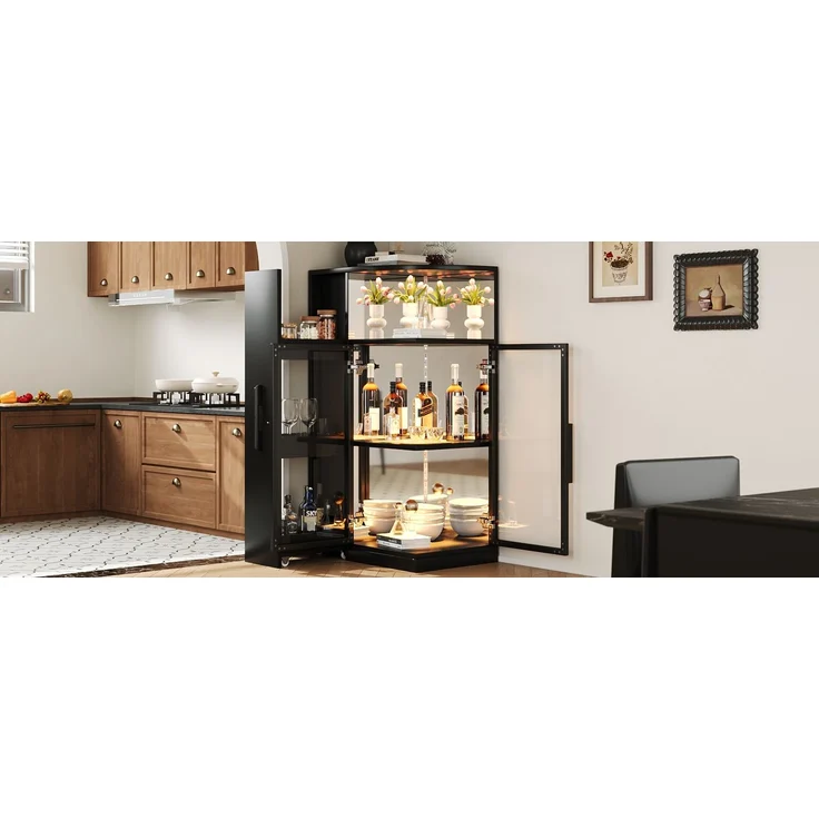 ZUBALIYA Ausziehbare Glasvitrine 64×42×112 cm mit LED-Beleuchtung, Vitrine mit doppelseitigem ESG-Glas, ausziehbarer Seitenschrank,Vitrine,Sammlervitrine, Weinschrank, Küchenschrank, Schwarz – Bild 17
