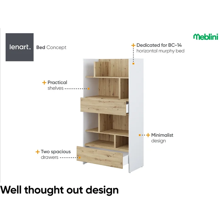 MEBLINI Wohnzimmerschrank für Schrankbett Bed Concept - Hochschrank mit Regalen, Fächern und Schubladen - BC-28 - Weiß/Artisan Eiche – Bild 2