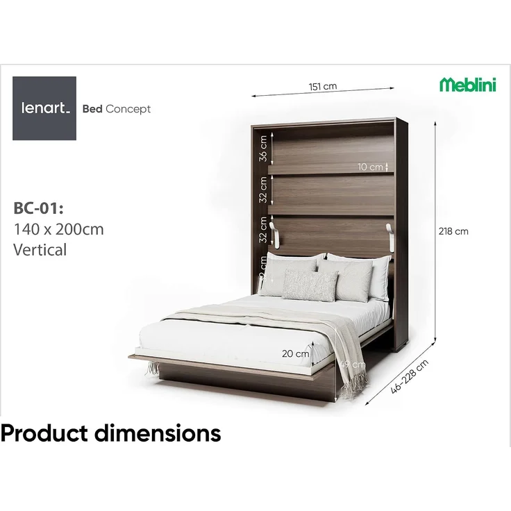 MEBLINI Schrankbett BC-01 - 140x200cm Vertikal - Dunin Eiche - Wandbett mit Lattenrost - Klappbett mit Schrank - Wandklappbett - Murphy Bed - Bettschrank – Bild 7