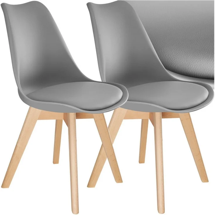 tectake Esszimmerstuhl Küchenstuhl Scandi-Design, gepolsterte Sitzfläche, 49 x 53 x 82 cm (Polsterstuhl Frederikke in grau, 2 St), ergonomische Form, massive Holzbeine, bodenschonende Filzgleiter – Bild 1