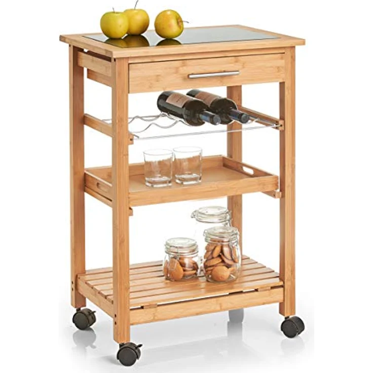 ZELLER Memobord, Bambus, 40 x 40 cm, Beige, mit Glastop und Stauraum für 4 Flaschen, herausnehmbares Tablett und praktische Schublade – Bild 2