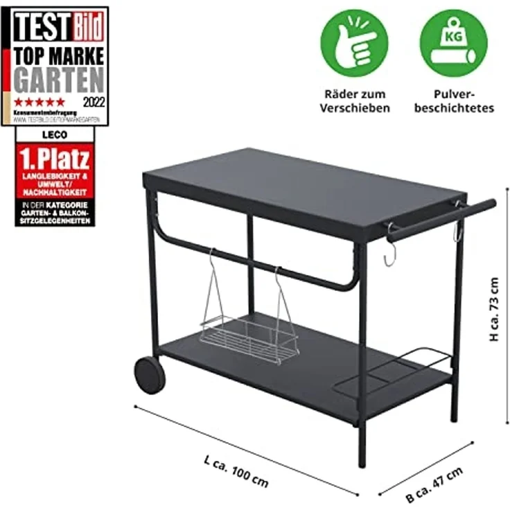 LECO Grill-Serviertisch, mit Rollen und Zubehör, Stahlrohr anthrazit, 100x47x73 cm – Bild 3