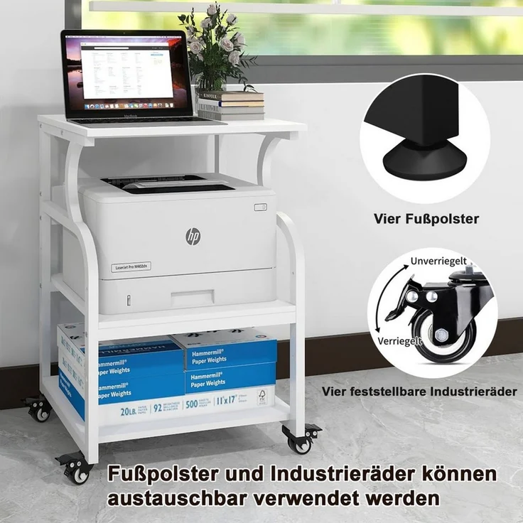 PUNCIA Druckertisch 3 Schichten Heim Büro mit Raddrucker Aufbewahrungshalter Tisch (1-St), Mobiler Druckwagen aus Holz & Metall – Bild 4