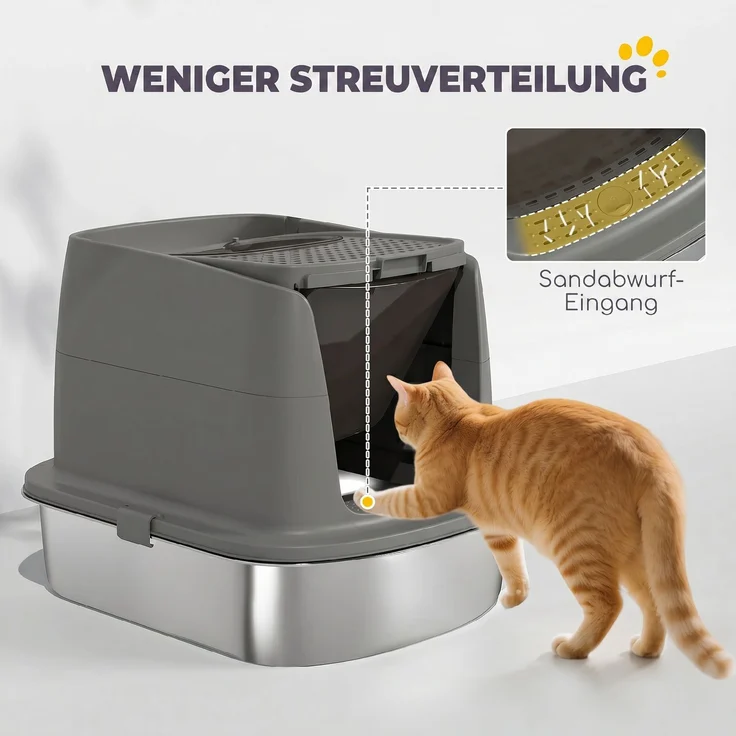 PawHut Katzenklo, Edelstahl, Kunststoff, Dunkelgrau, 52,4L x 41,3B x 39,8H cm – Bild 6