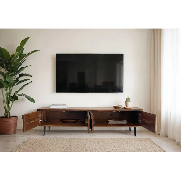 FINEBUY Lowboard TV Board Massivholz 160 cm 3D Fronten & Metallbeine (vier Türen, 160x40x35 cm, Massivholz 3D-Fronten), TV-Schrank Modern Fernsehtisch, TV-Kommode Niedrig – Bild 4