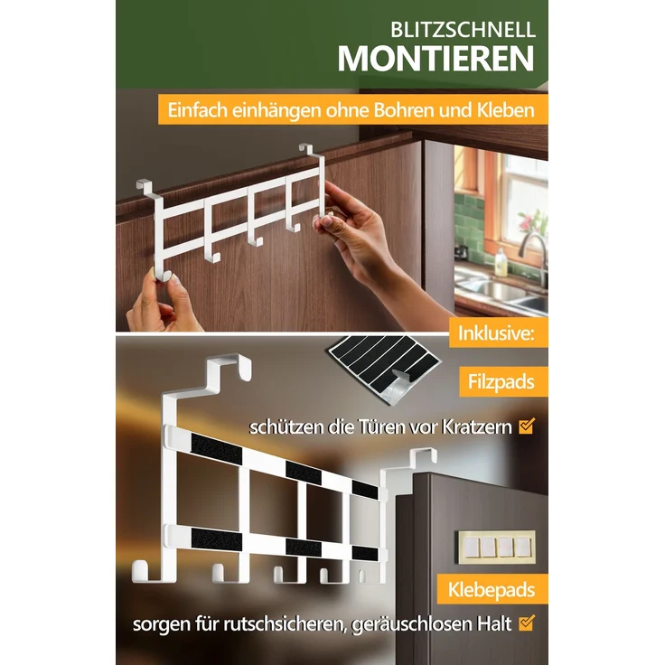 Lindenstein Türgarderobe für Falztüren innen, 5 Haken, Edelstahl, Weiß – bis 15 kg – Bild 6
