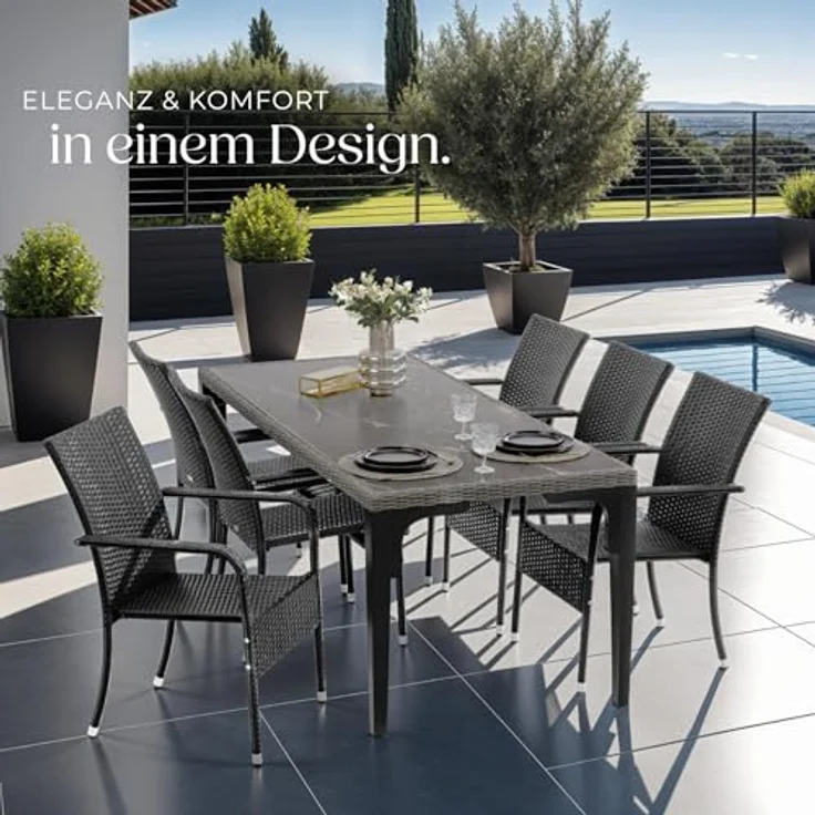 tectake Rattanstuhl Gartenstuhl Girona, stapelbar, Belastbarkeit 120 kg, 58 x 67 x 90 cm (Set, 2 St), Pulverbeschichtetes Stahlgestell für enorme Stabilität – Bild 9