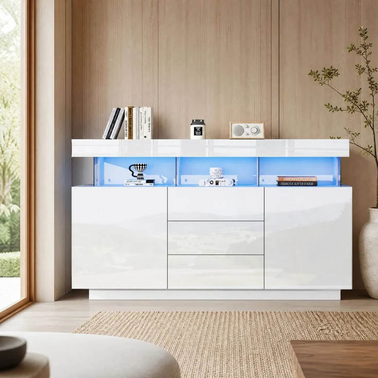 DESVIAE Sideboard mit 3 Schubladen und LED-Beleuchtung, 140x80x35 cm, Spanplatte und Acryl, Weiß – Bild 2