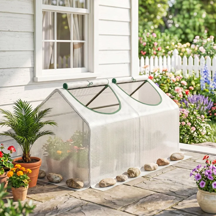 MELAYR, Mini-Gewächshaus mit 2 aufrollbaren Fenstern, hochdichter PE-Folie (140 g/m²), 120 x 60 x 60 cm, weiß – Bild 3
