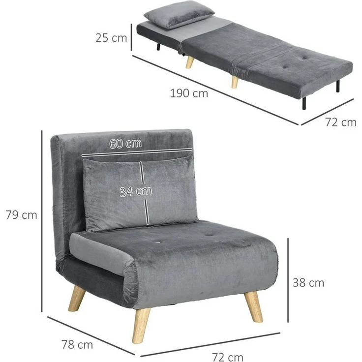 HOMCOM 3 in 1 Schlafsessel, Schlafsofa mit Bettfunktion, Lendenkissen, klappbarer Relaxsessel mit Verstellbarer Rückenlehne Liegestuhl in Samtoptik, für Wohnzimmer, Grau – Bild 2