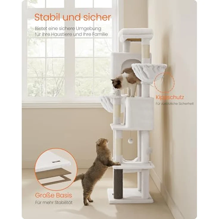 Feandrea Kratzbaum, 175 cm hoch, XL, mehrstöckiger Katzenbaum mit 2 Höhlen, 2 Liegemulden, 5 Kratzsäulen, Katzenbürste, große Plattform, cremeweiß PCT182W02 – Bild 8