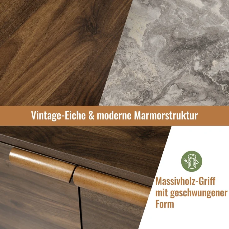 Merax Wohnzimmer Kommode mit Marmor-Optik Platte - Offene Ablage + 3 Schubladen & Doppeltürschrank (innen höhenverstellbar) - Massivholzbeine & kehrroboterfähig, H77/B120/T40 cm – Bild 8