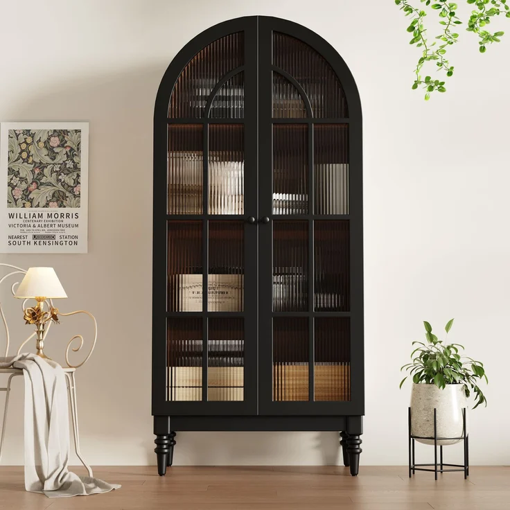 Hoher Bogen-Aufbewahrungsschrank, freistehende hohe Bogen-Aufbewahrungstür für Küche und Wohnzimmer,Küchenschrank, Aufbewahrungsschrank,Vitrine mit Glastüren,Schrank mit Holzmaserung, 2 Schränke – Bild 4