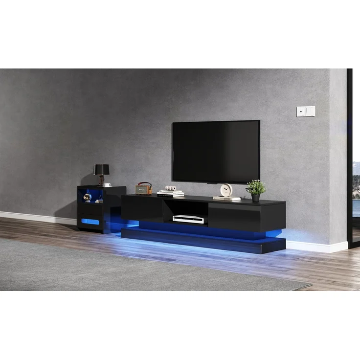 Merax 160*35*40,5 cm Schwarzer Hochglanz-TV-Ständer mit LED-Beleuchtung, 2 Schubladen, Anwendungssteuerung, Anti-Kipp-Design, geeignet für 60-Zoll-Fernseher, TV-Schränke, TV-lowboard – Bild 8