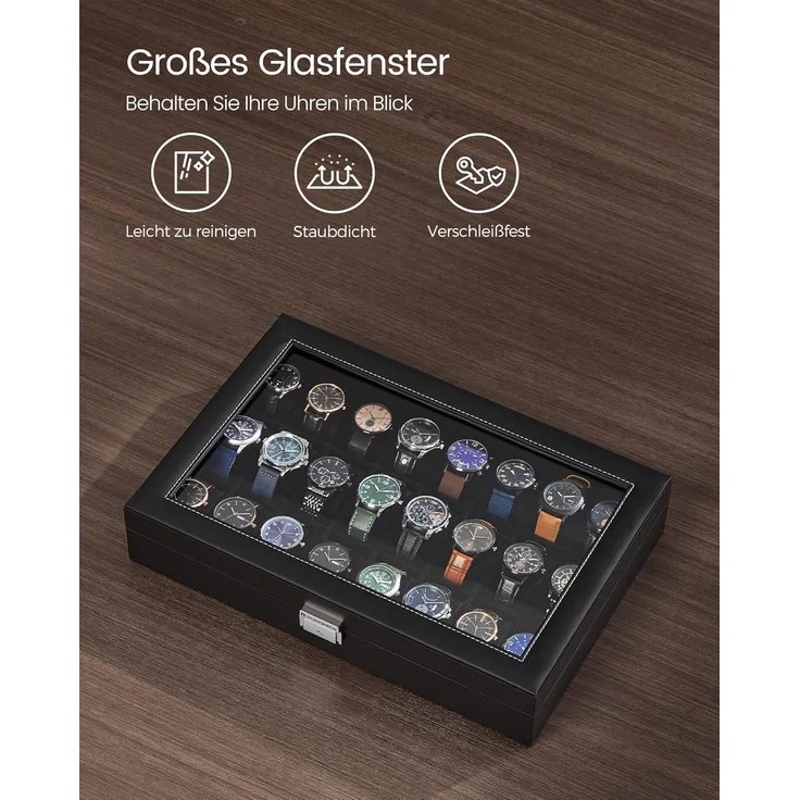 SONGMICS Uhrenbox, abschließbarer Uhrenkasten, Uhrenkoffer, Organizer für Uhren, mit 24 Fächern, Glasdeckel, Geschenk für die Liebsten, PU-Bezug in Tintenschwarz, Samtfutter in Tintenschwarz JWBDE024B02 – Bild 6