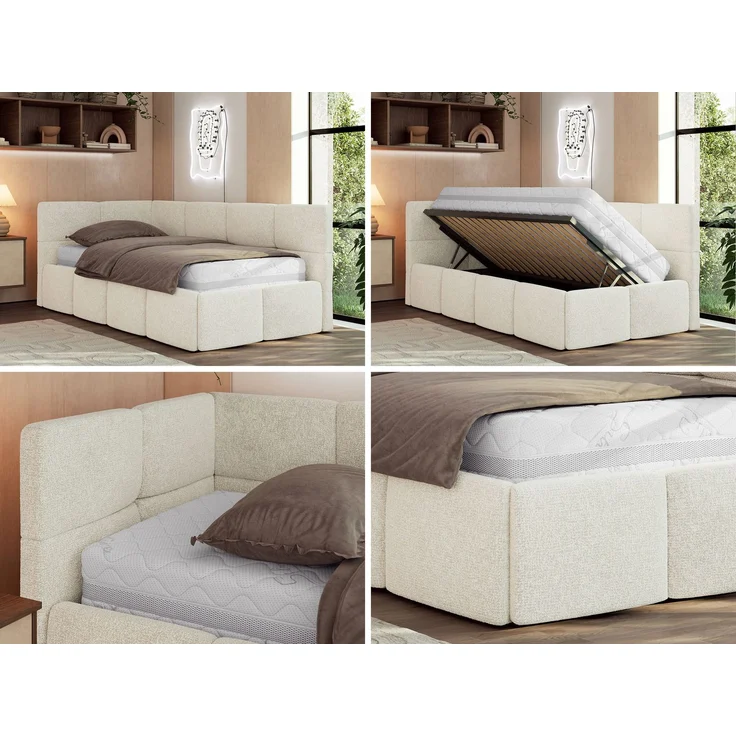 Jugendbett 90x200 ARVO Polsterbett mit Bettkasten, Stauraum & Gasdruckfeder, Modernes Design mit Kopfteil, Pocket Matratze - Creme Strukture - VIRE LUX - Links Seite – Bild 2