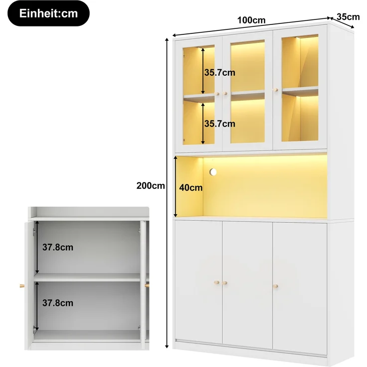 Bücherschrank mit Glasvitrine, LED-Beleuchtung & Kabelführung, 100x35x200 cm, Weiß – Bild 6