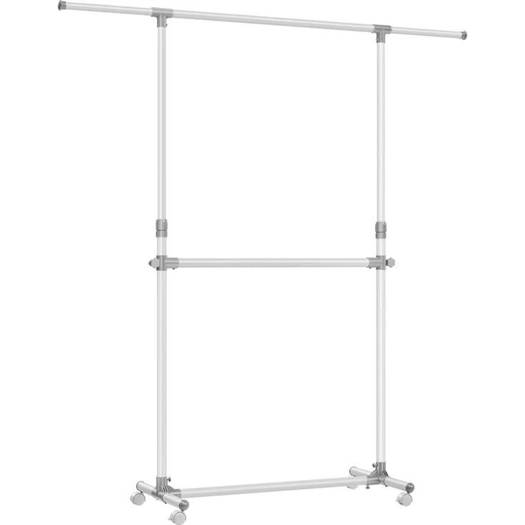 SONGMICS Kleiderständer mit 2 Kleiderstangen, ausziehbare Garderobenstange, mit Rollen, Garderobenständer, höhenverstellbar zwischen 113 und 180 cm, untere Stange verstellbar, weiß LLR401W01