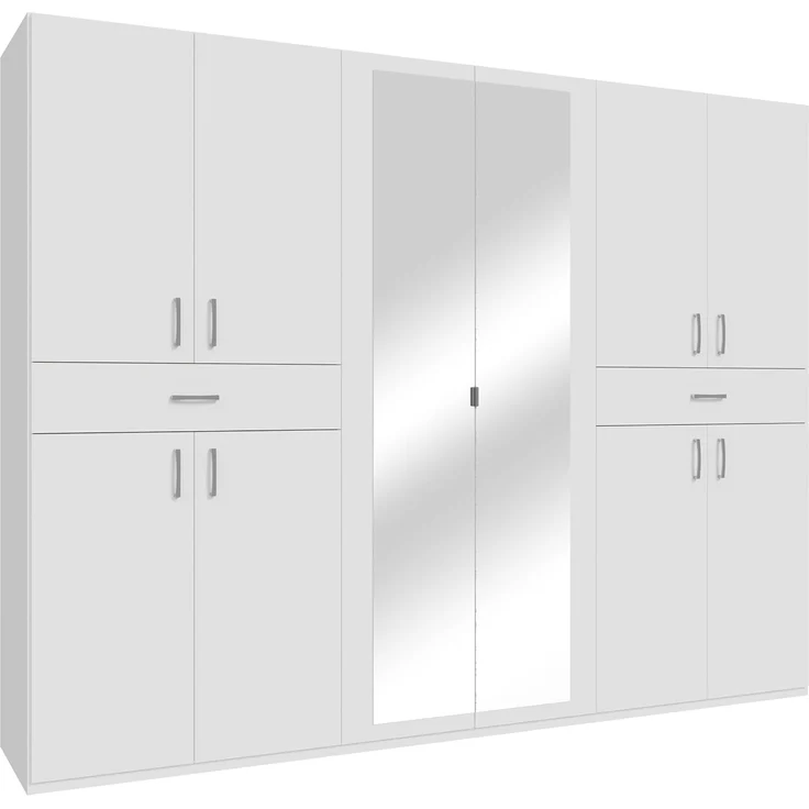 Forte Serenade Kleiderschrank 270, moderner Drehtürenschrank, 10-türig, 2 Schubladen, Kleiderstangen, Einlegeböden, Spiegel, Holzwerkstoff, Weiß, 269,7 cm breit x 210,5 cm hoch x 54 cm tief – Bild 4