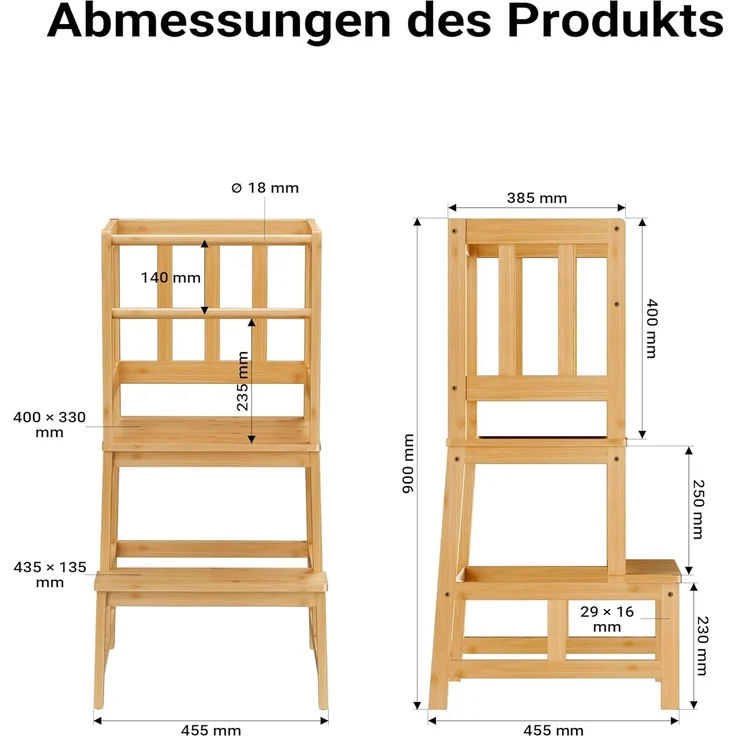 Toboli Kinderstuhl Lernturm aus Bambus, BxTxH 46 x 46 x 89 cm mit Geländer, Schutzstab, Lernstuhl für Kinder, Braun – Bild 3