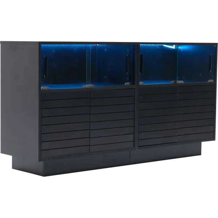 DESVIAE Sideboard mit LED-Beleuchtung und Glasschiebetüren 130x68x35 cm Spanplatte Schwarz – Bild 8