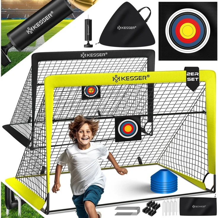 KESSER Pop-Up Fußballtor, 2er Set, mit Transporttasche, 6x Hütchen, Ballpumpe & Zielscheibe, Glasfaserstangen, 120x90 cm, Gelb / Schwarz – Bild 1