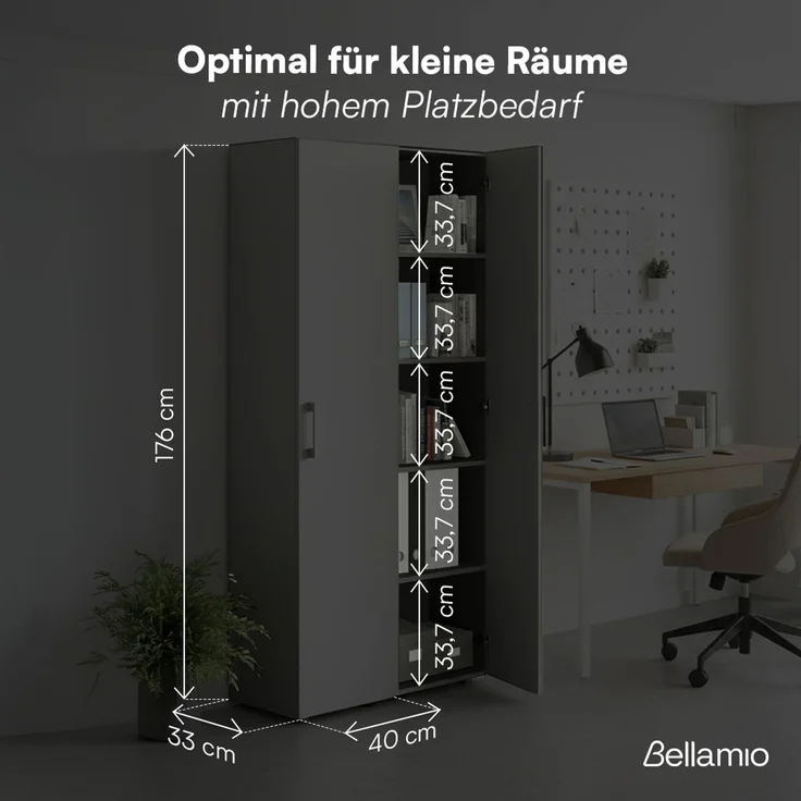 Bellamio 'Apol' Mehrzweckschrank schmal, schwarz, 176x33x40 cm, Aktenschrank mit 5 Ablagefächern, Tür beidseitig montierbar – Bild 6