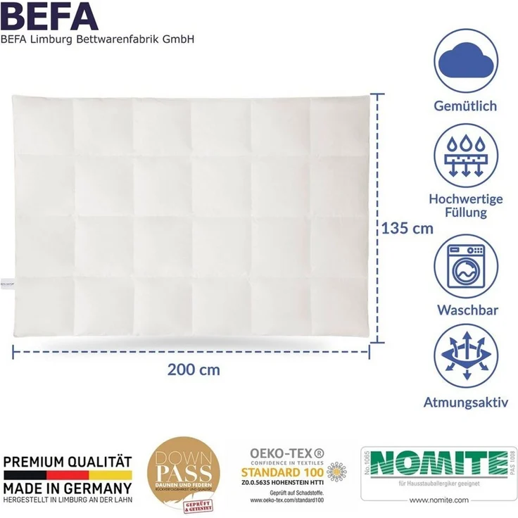 BEFA NATUR Daunenbettdecke kuschelig weiche Premium-Ganzjahresdecke, 4-Jahreszeitendecke, Füllung: 90% Daunen, 10% Federn, Made in Germany - Bettdecke Größe 135x200 155x220 200x200 erhältlich – Bild 2