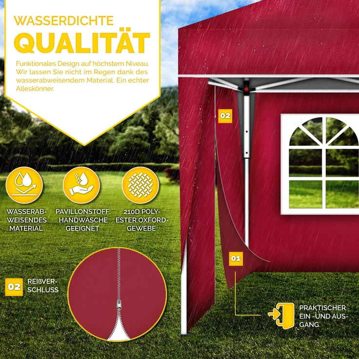 tillvex Pavillon 3x6m - mit 6 Seitenwänden Rot wasserdicht | Pop-Up Faltpavillon höhenverstellbar | Gartenzelt UV Schutz 50+ | Partyzelt mit Tasche für Garten – Bild 10