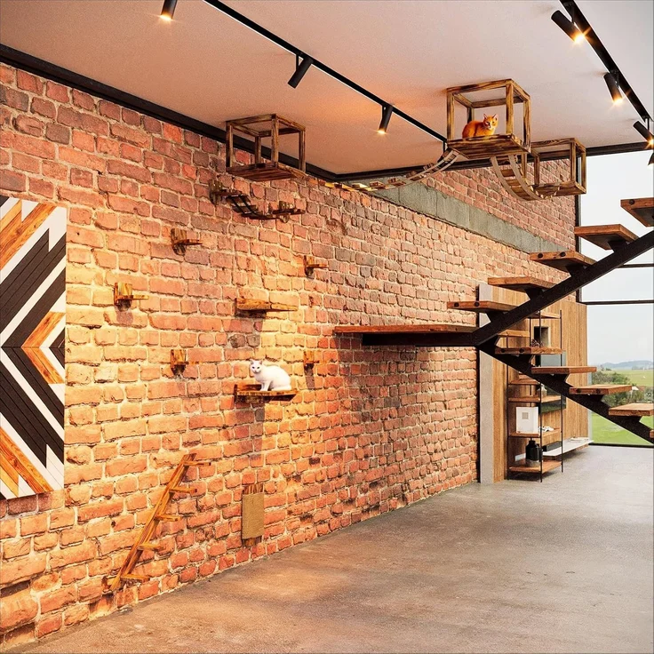 QLS Katzen-Kletterwand Deckenmontage und Wandmontage Geflammt 15-tlg, Set XXL Hängebrüke Katzenbett Katzenregal – Bild 5