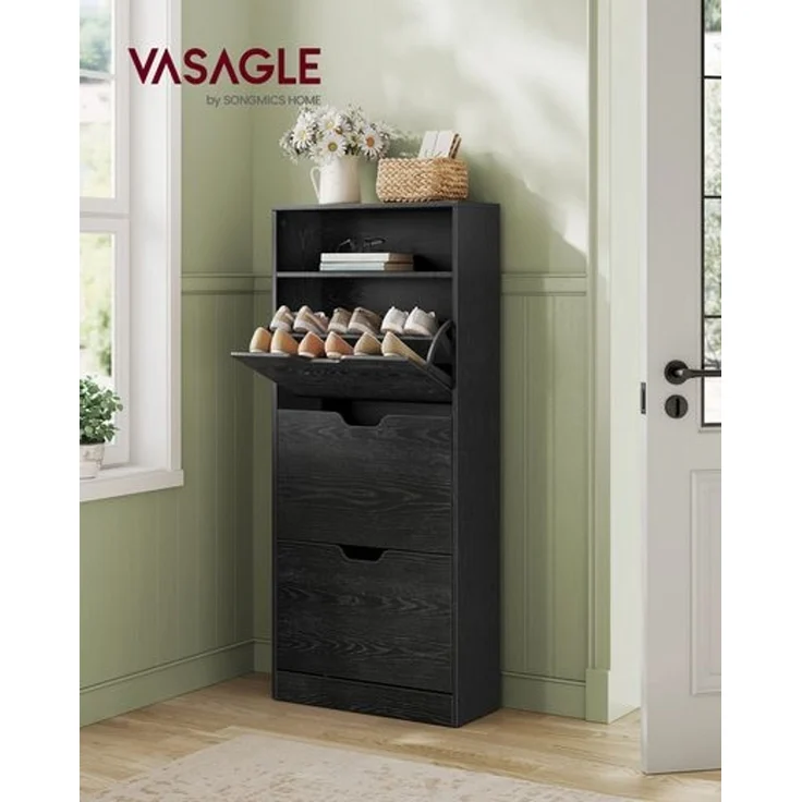 Vasagle Schuhschrank 3 Klappen, Schuhkipper, Schuhregal, Schuhaufbewahrung, offenes Fach, Trennwand verstellbar, für 14-18 Paar Schuhe, Flur, 24 x 60 x 139 cm, ebenholzschwarz LBCDE046B03 – Bild 3