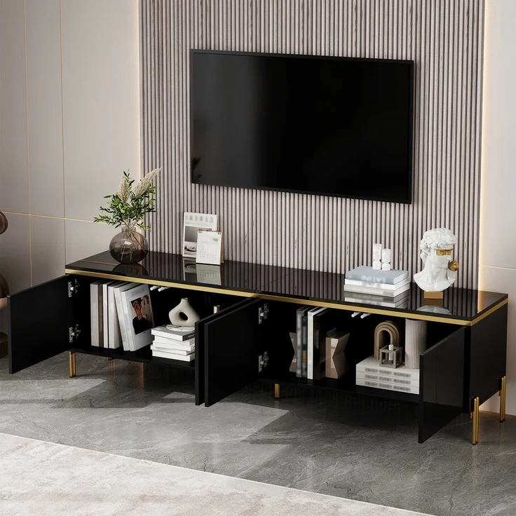 BlingBin TV-Schrank TV-Ständer Hochglanz-Lowboard 170CM (1-St, mit 4 Türen, Metallfüße mit goldfarbenen Akzenten) Kabeldurchführung, modernes TV-Lowboard für Wohnzimmer – Bild 2