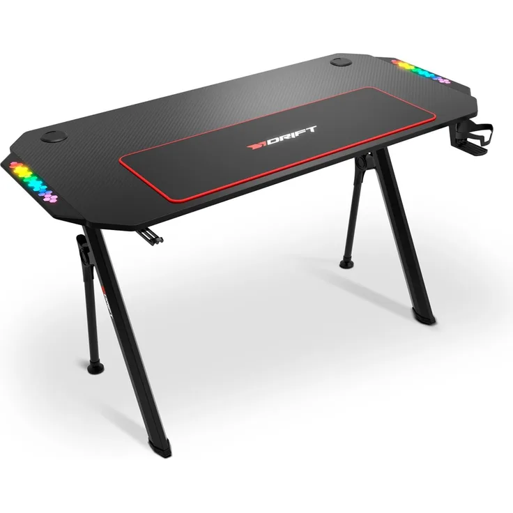 DRIFT GAMING DRDZ175RGB - Gaming-Tisch mit Kohlefaser-Tischplatte, Getränke- und Headset-Halter, Sound Reactive RGB-Seiten, Mousepad 80 x 30 cm, Schwarz, 130 x 60 x 75 cm