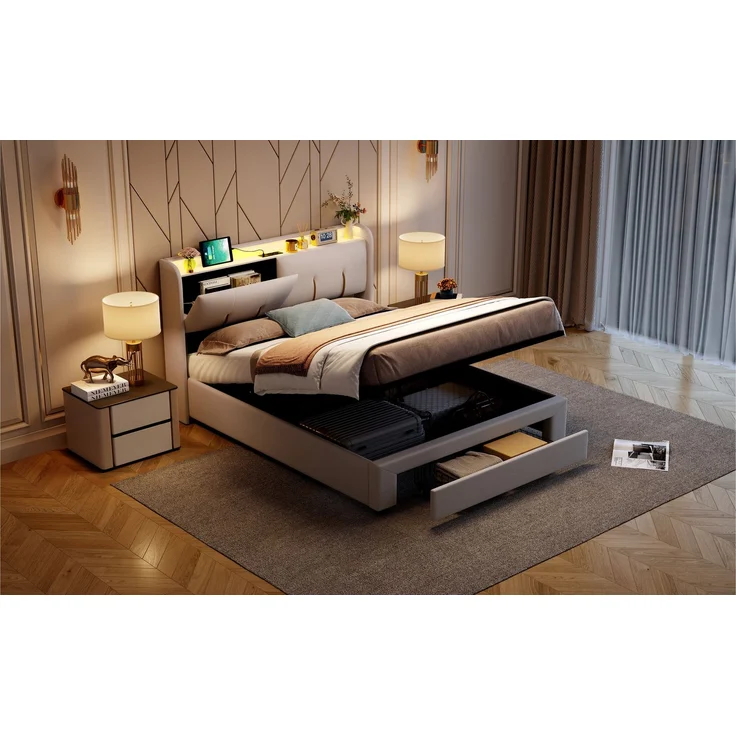 Pressure bed with storage function, light strip and USB charging port, double bed 140 * 200cm beige velvet European standard charger – Bild 7