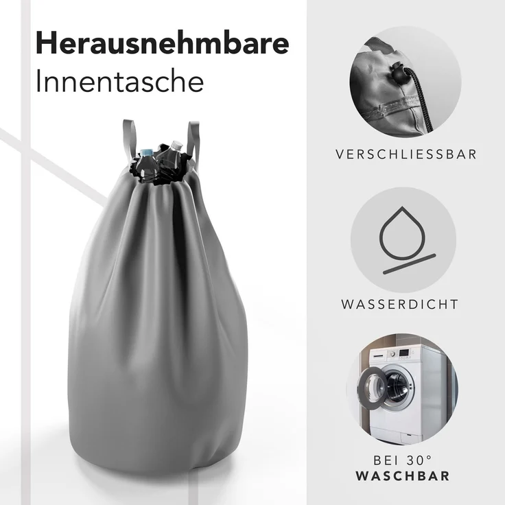 NewHabitat Pfandflaschen Sammelbehälter 70 × 40 × 33 cm – 100 L Recyclingbehälter mit Bambusdeckel & waschbarer Tragetasche für 30–40 Flaschen, Grau – Bild 2