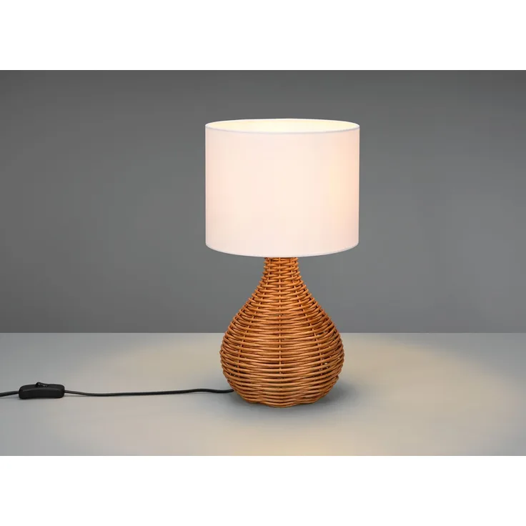 LED Tischleuchte mit Rattangeflecht und Stoffschirm Weiß, Höhe 40cm