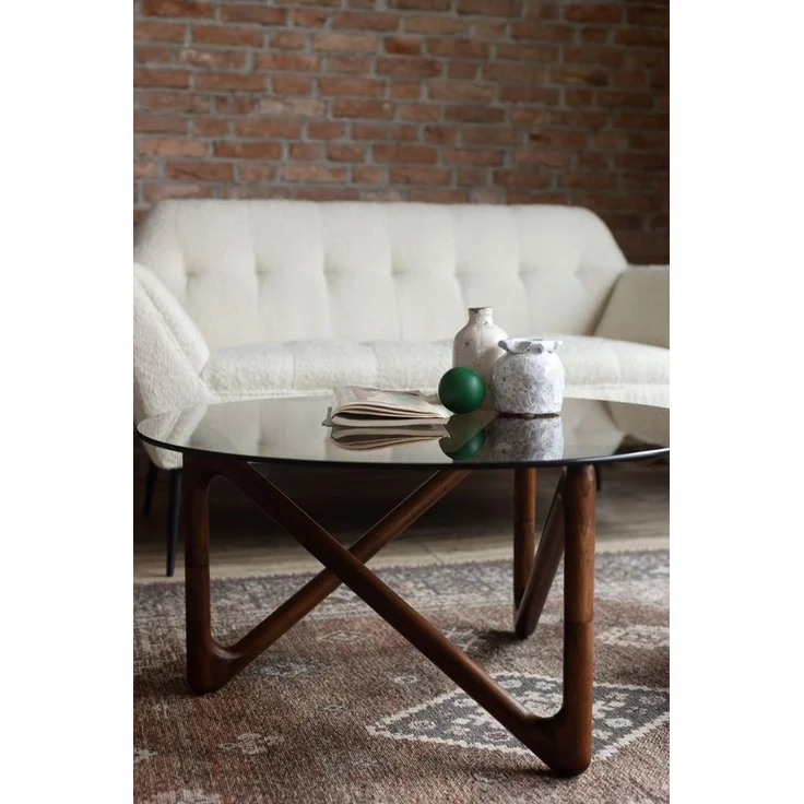 Couchtisch Naia Walnut mit Glasplatte und Eichenholzgestell, rund – Bild 5