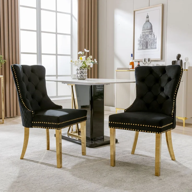 Esszimmerstuhl mit Samtbezug, Edelstahlbeinen und Türklopfer-Design, luxuriöser Polsterstuhl mit Nagelkopfverzierung,verstellbare Füße,Schwarz – Bild 4