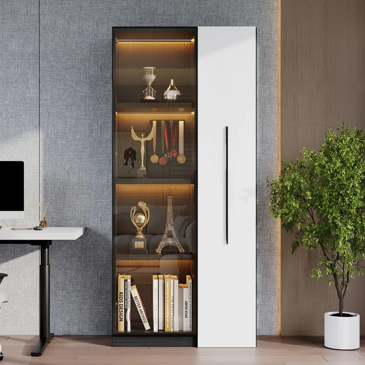 Multifunktionsschrank 160 cm hoch – Bücherregal und Vitrine mit Türen aus gehärtetem Glas, Türrahmen aus Aluminium, 1 Tür, 1 seitliche Schublade, mit Rollen und LED-Beleuchtung – Vitrine, Esszimmersch--Schwarz Weiß--175.01x46x11.51cm--YOUDENOVA – Bild 4