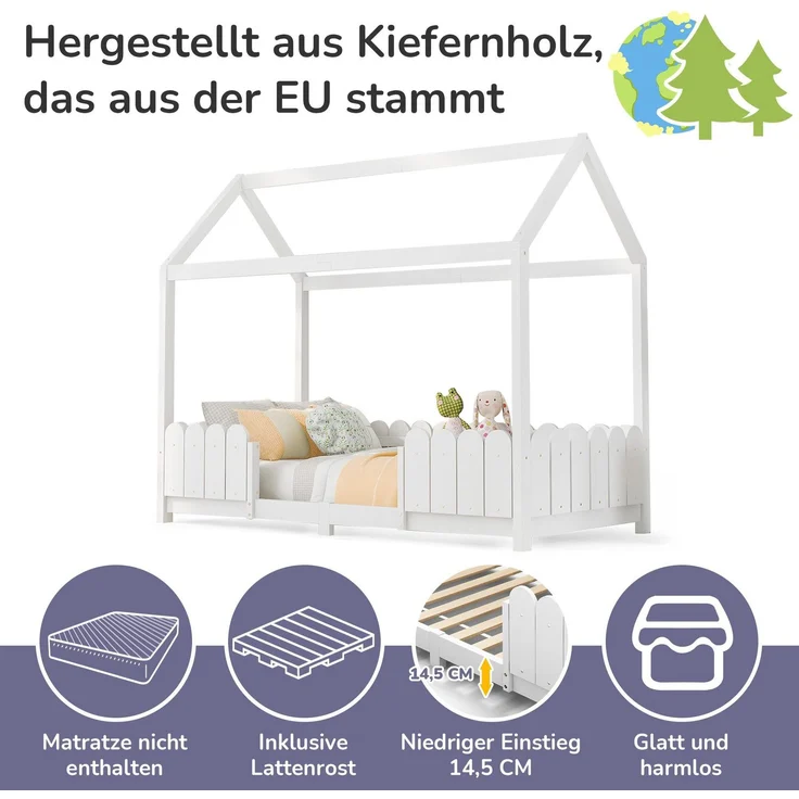 Hausbett mit Lattenrost, 90x200 cm, Kinderbett mit Rausfallschutz, Kiefer – Bild 4