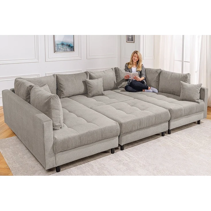 riess-ambiente Wohnlandschaft KENT 305cm greige / schwarz · inkl. Hocker · U-Form · XXL Couch, Einzelartikel 1 Teile, Ecksofa · Wohnzimmer · mit Federkern · Cord-Bezug · Modern Design – Bild 2