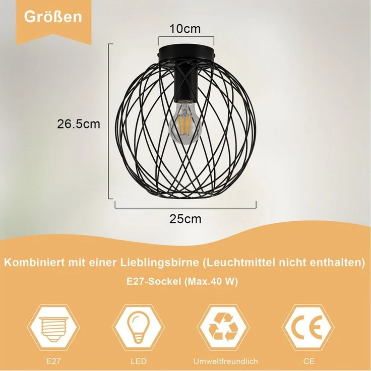Nettlife Deckenleuchte 1 Flammig Deckenlampe Vintage E27 Schwarz Metall Lampenschirm, ohne Leuchtmittel, für Flur, Korridor, Küche, Wohnzimmer, Esszimmer, Schlafzimmer – Bild 3