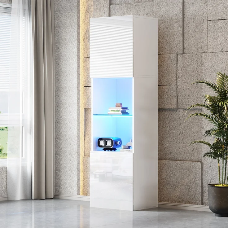 Weiße Hochglanzvitrine mit LED-Beleuchtung, 1 Glasböden, 45*35*160 cm, Vitrinen, freistehende Vitrinen, Hochschränke, Lagerschränke--Weiß--45x35x160cm--YOUDENOVA – Bild 2