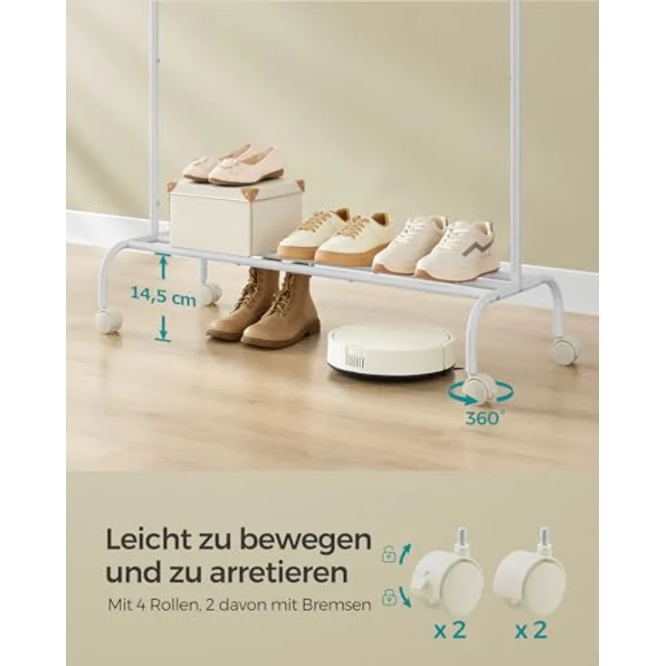 SONGMICS Kleiderständer auf Rollen, Kleiderstange, Garderobenstange, Garderobenständer aus Stahlrohren, bis 50 kg belastbar, 103,5 cm breit, multifunktionale Aufbewahrung, weiß HSR131W01 – Bild 6