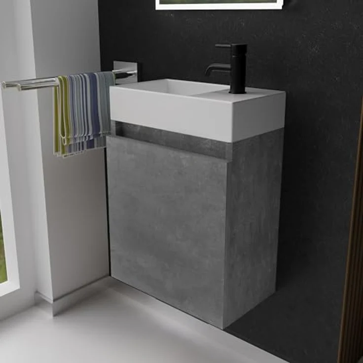 Alpenberger Badmöbel-Set Gäste WC Waschbecken mit Unterschrank - Badschrank Hängend, (Waschbeckenunterschrank mit Softclose, 2-tlg. Waschtisch Set Cement), Waschplätze für Kleine Bäder - Badschrank Hängend + Vormontiert – Bild 2