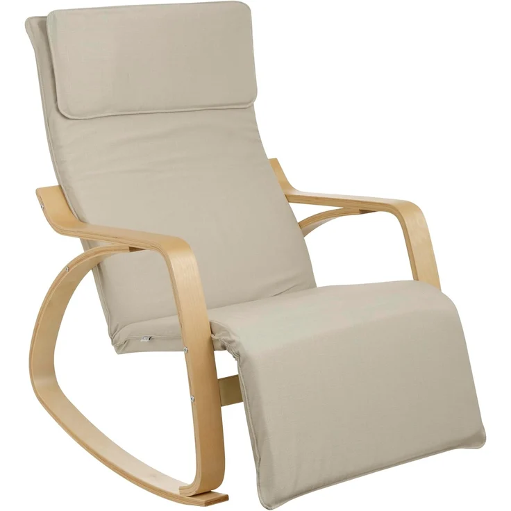 Baroni Home Schaukelstuhl mit Armlehnen aus Holz, ergonomischer Schaukelsessel mit Kopfstütze, 5-Höhen Fußstütze, bis 150 kg, Schlaf- und Wohnzimmer, Beige, 82 x 67 x 98 cm – Bild 1