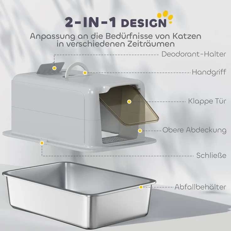 PawHut Katzentoilette, Edelstahl, Kunststoff, Grau, 40,5L x 60,5B x 41,5H cm – Bild 6