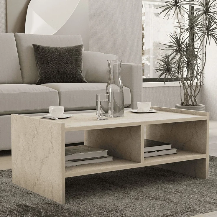Calicosy Couchtisch mit 2 offenen Fächern, Travertin-Dekor L90 cm - PERA - Beige – Bild 2
